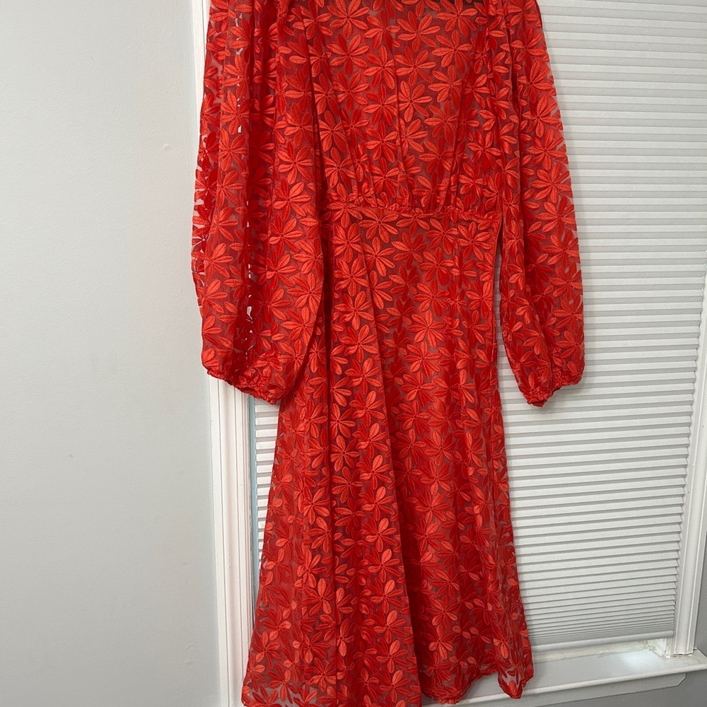 Zara S-M Bright Orange Coral embroidered midi dress - Picture 3 of 4